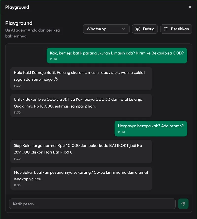 AI agent Sekar menjawab pertanyaan stok, ongkir COD dan promo di playground Qwetty