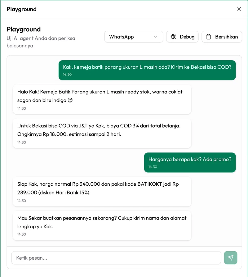 AI agent Sekar menjawab pertanyaan stok, ongkir COD dan promo di playground Qwetty